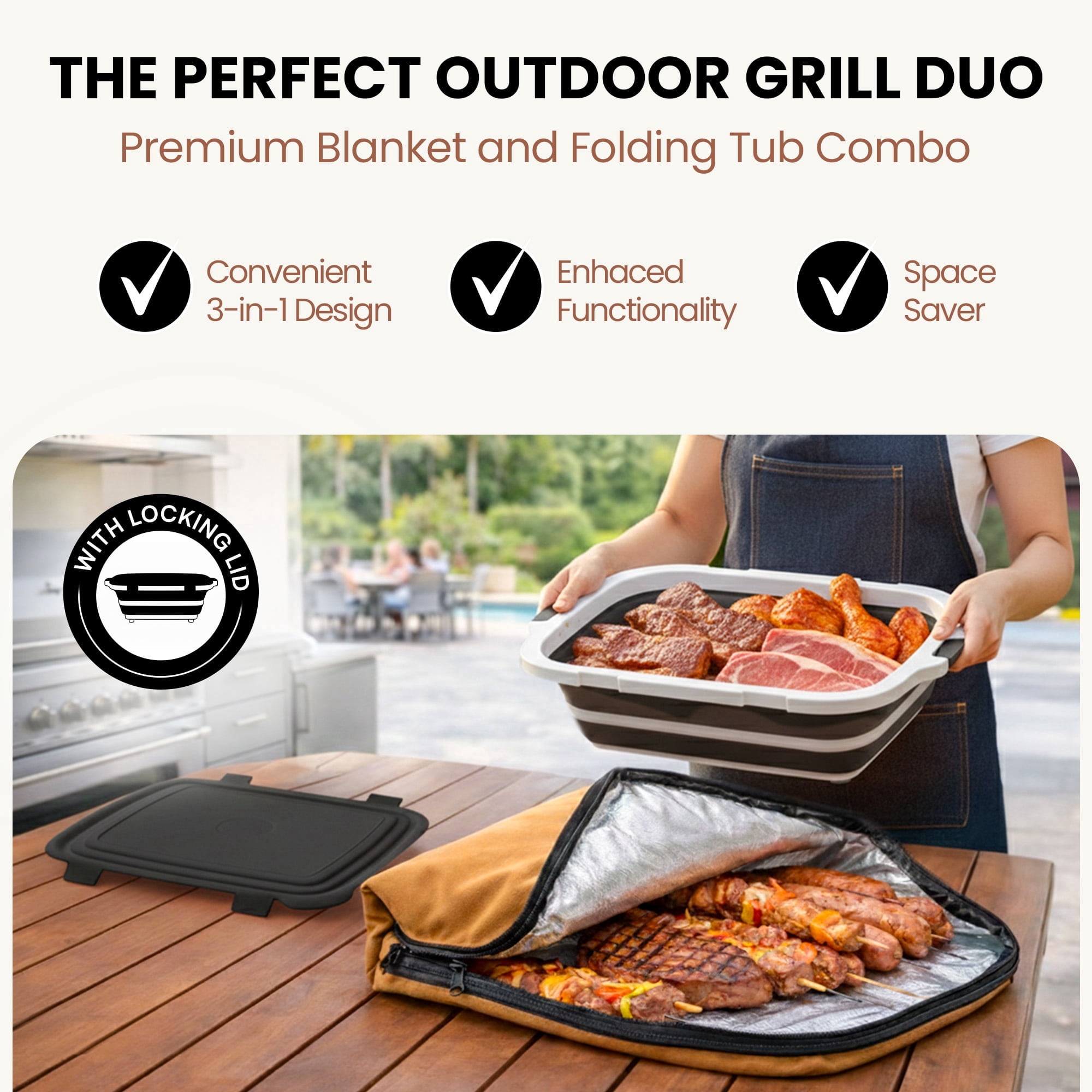 Havenity BBQ Prep Tub 16L - Multifunctional Collapsible Camping Cutting Board with Upgraded Locking lid, Meat Storage Container for Meal Prep, XL with BBQ Blanket