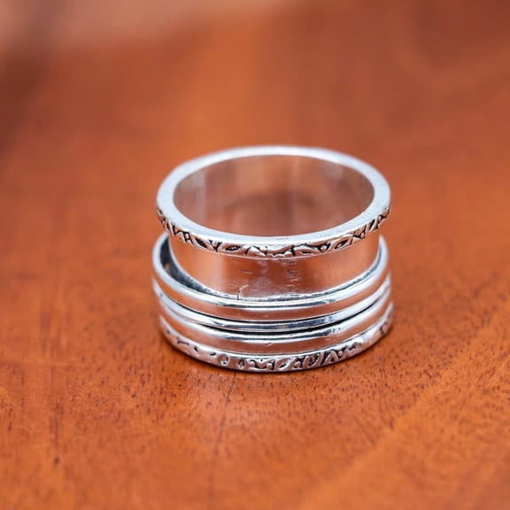 LD DESIGNS Silver Spinner Ring Wide Band Two-Layer Challa Style Fashion Statement Ring