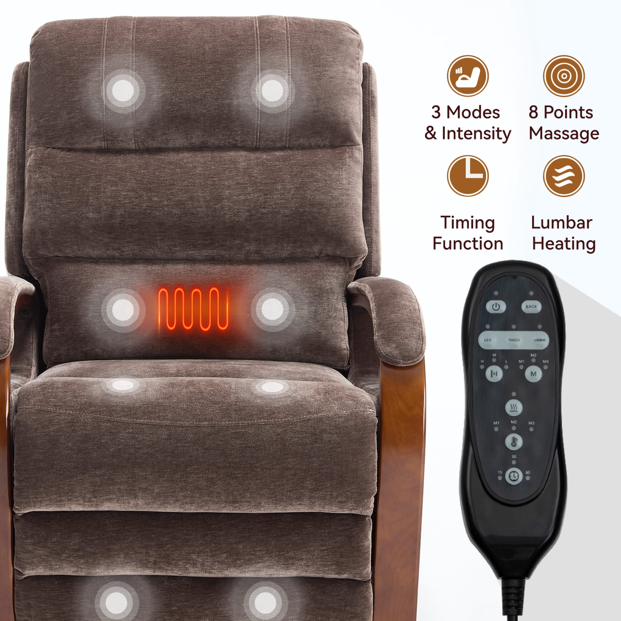 Leumius Power Lift Recliner Chair for Elderly with Heat and Massage,Lift Chair with Solid Wood Armrests for Living Room,Brown