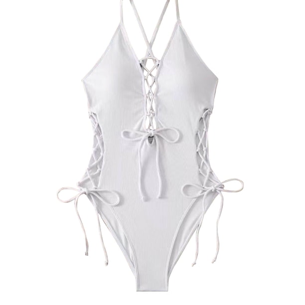 Trajes de baño de una pieza para mujer, bikinis sin espalda con tirantes ajustables a la moda de color sólido para mujer, traje de baño para mujer
