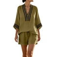 thumbnail image 2 of Women's Two-Piece Shorts Set Three-Quarter Length Sleeve V Neck Striped Vacation Daily Casual Outdoor Summer Loose Set, 2 of 8