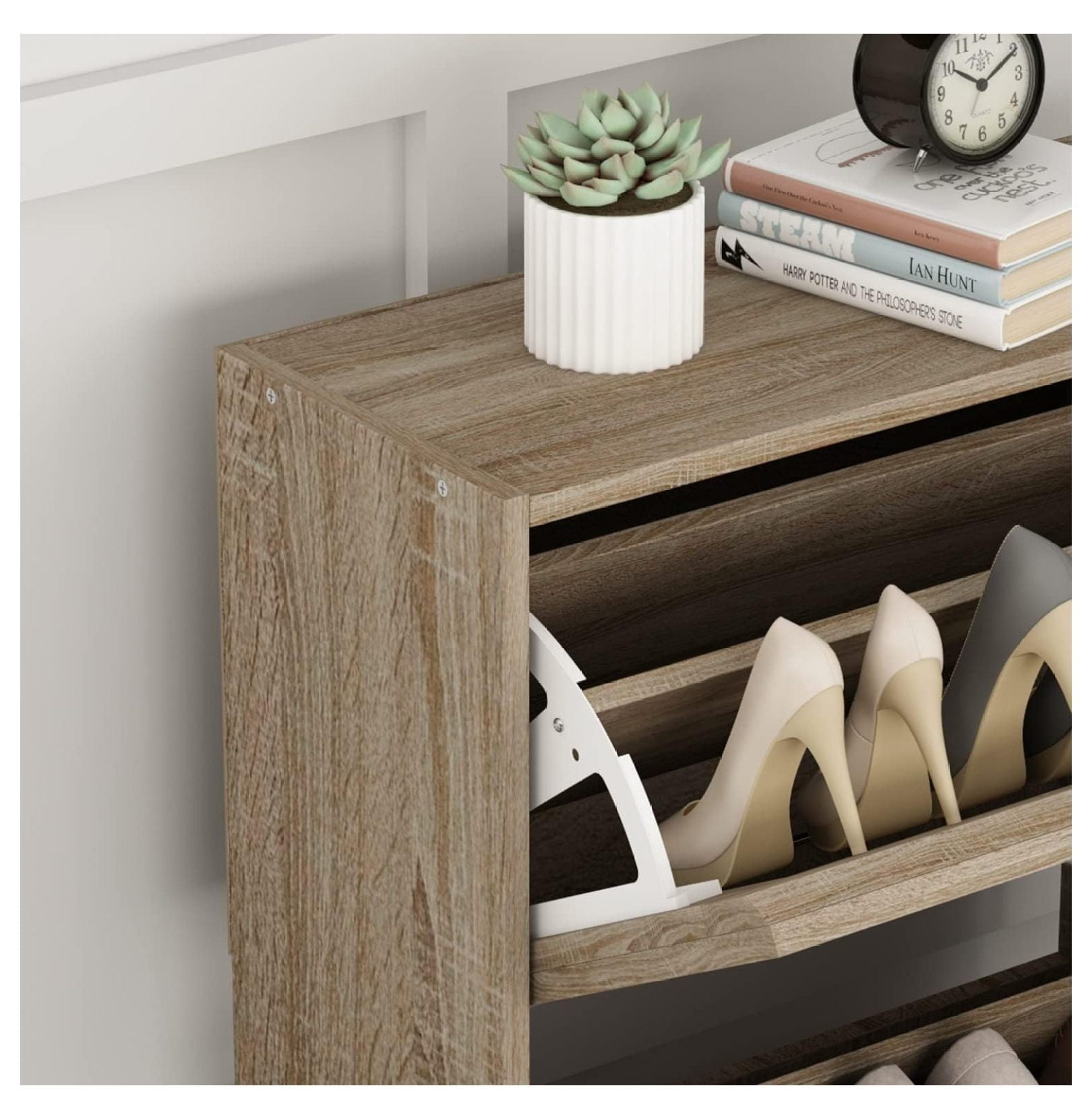 Modern Shoe Storage Cabinet with 3 Drawers & Twill Louver Doors, Wood 3-Tier Shoe Rack Storage Organizer for Entryway, Hallway & Bedroom, Brown (22.4”L x 9.4”W x 42.3”H)