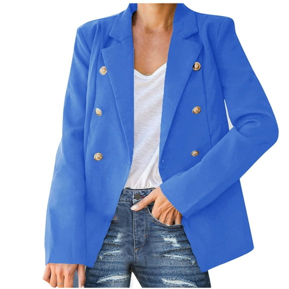SMihono Clearance Double Breasted Cardigan Blazer Office Jacket Midi Coat Womens Ladies Solid Color Slim Fit Long Sleeve Ladies Fashion Tops for Women Female Workwear Light blue M