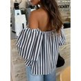 thumbnail image 3 of Women Striped Contrast‑Color Off‑Shoulder Blouse, Woven Fabric Ruffle Tops For Beach Daily Wear, 3 of 5