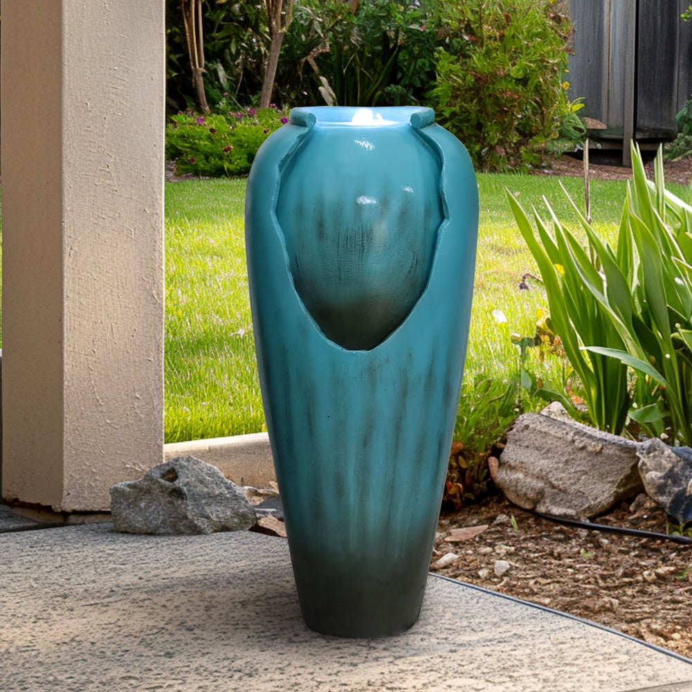 Outdoor Concrete Vase Water Fountain Patio Garden Water Feature with LED Light and Submersible Pump for Home, Office Garden, Yard Art Decor
