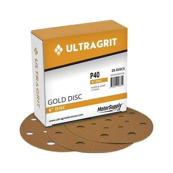 UltraGrit Gold 6” Sanding Disc, Hook and Loop, P40 Grit, 17 Holes - 25 Discs per Box - Random Orbital Sandpaper