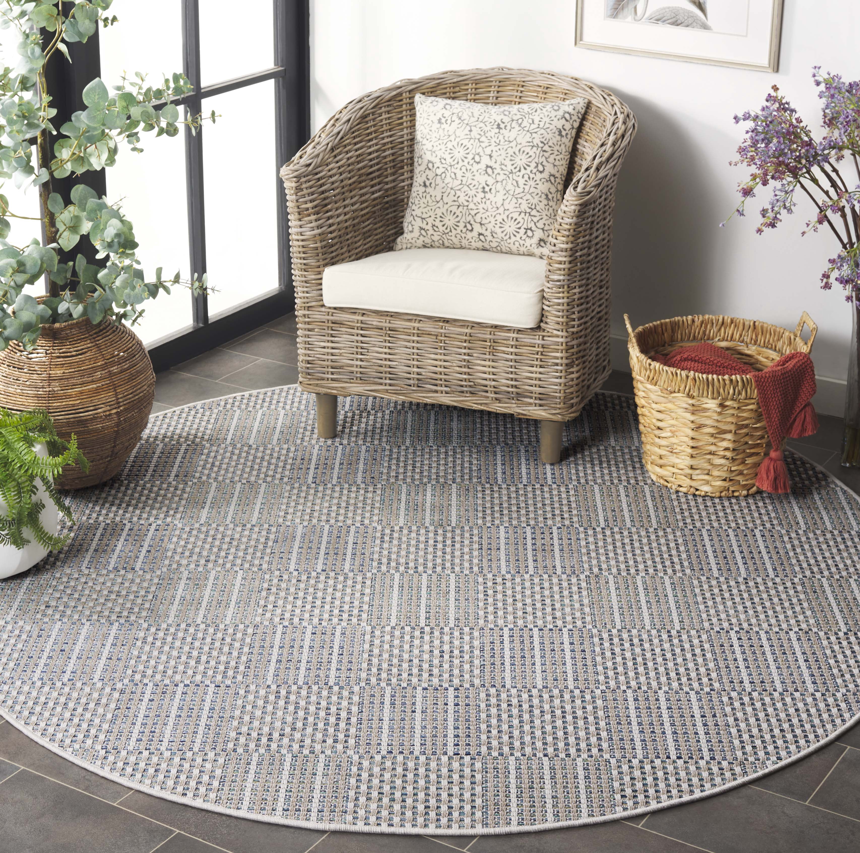 SAFAVIEH Sisal All-Weather Austen Geometric Indoor/Outdoor Area Rug, Aqua/Beige Ivory, 6'7" x 6'7" Round