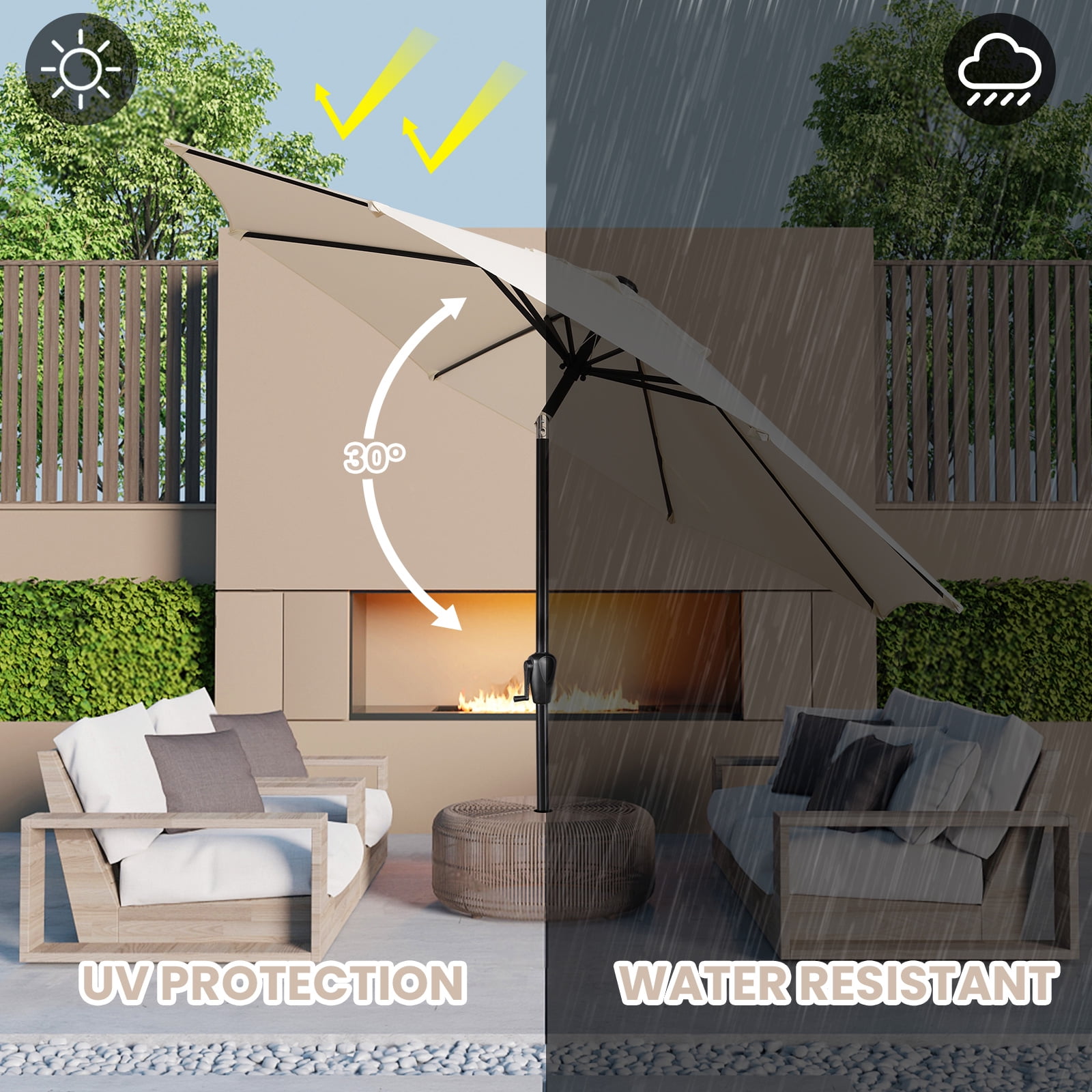 Sun-Ray 9 FT Patio Umbrella w/ Push Button Tilt and Crank Outdoor Umbrella, 8 Sturdy Ribs, UV Protection, Solution-Dyed Fabric, Creamy Beige