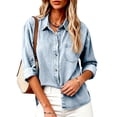 thumbnail image 6 of Edvintorg Denim Tops for Women Turndown Collar Long Sleeve Casual Loose Button Down Jean Shirt with Pockets Womens Trendy Clothes Silver S, 6 of 8