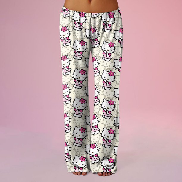 Hello Kitty Pj Pants Women Flannel Pajamas Women Anime Hello Cat Flannel Sleep Pants Cartoon Pajamas Pants for Women Print Flannel Pajamas Pants Cute Fuzzy Pajamas Pants