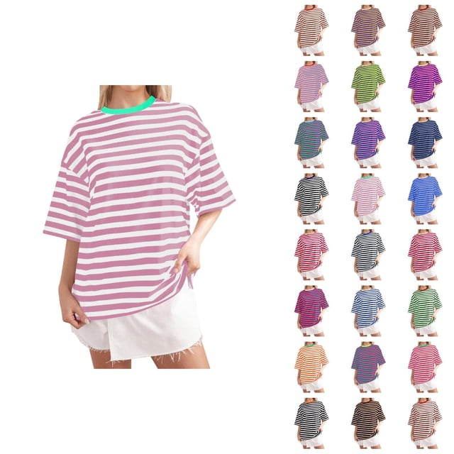 Striped Womens Tshirts 2026 Summer Fashionable Short Sleeve Crewneck Comfortable Lightweight Tees