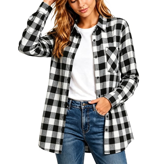 TRUNZI Women's Button Down Plaid Shirts Long Sleeves Lapel Collar Casual Regular Fit Shackets with Chest Pocket,Black,Size L