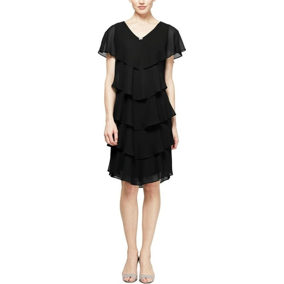 S.L. Fashions Women's Short Sleeve Tiered Chiffon Cocktail Dress, Women's
