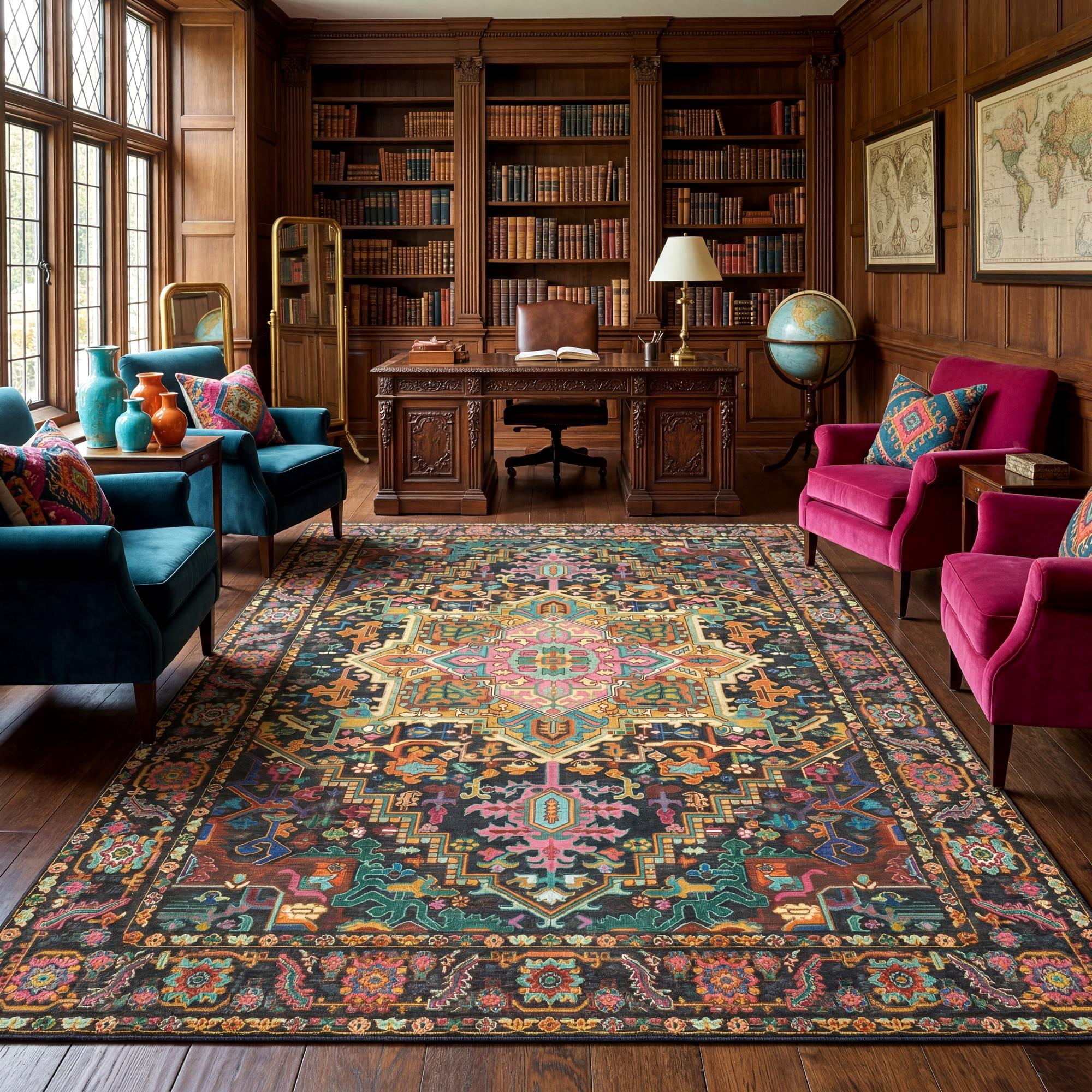 Kokia 8x10 Vintage Oriental Area Rug for living Room, Black and Pink Low Pile Stain Resistant Non-Slip Washable Rug for Bedroom with Distressed Medallion Pattern
