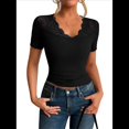 thumbnail image 1 of Camisetas de Corta con Cuello en V y Encaje para Mujer, Camisetas Básicas Ajustadas de Punto Acanalado, Estilo Informal de Verano para Negocios Negro XXL, 1 of 10