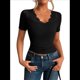 thumbnail image 1 of Camisetas de Corta con Cuello en V y Encaje para Mujer, Camisetas Básicas Ajustadas de Punto Acanalado, Estilo Informal de Verano para Negocios Negro S, 1 of 10