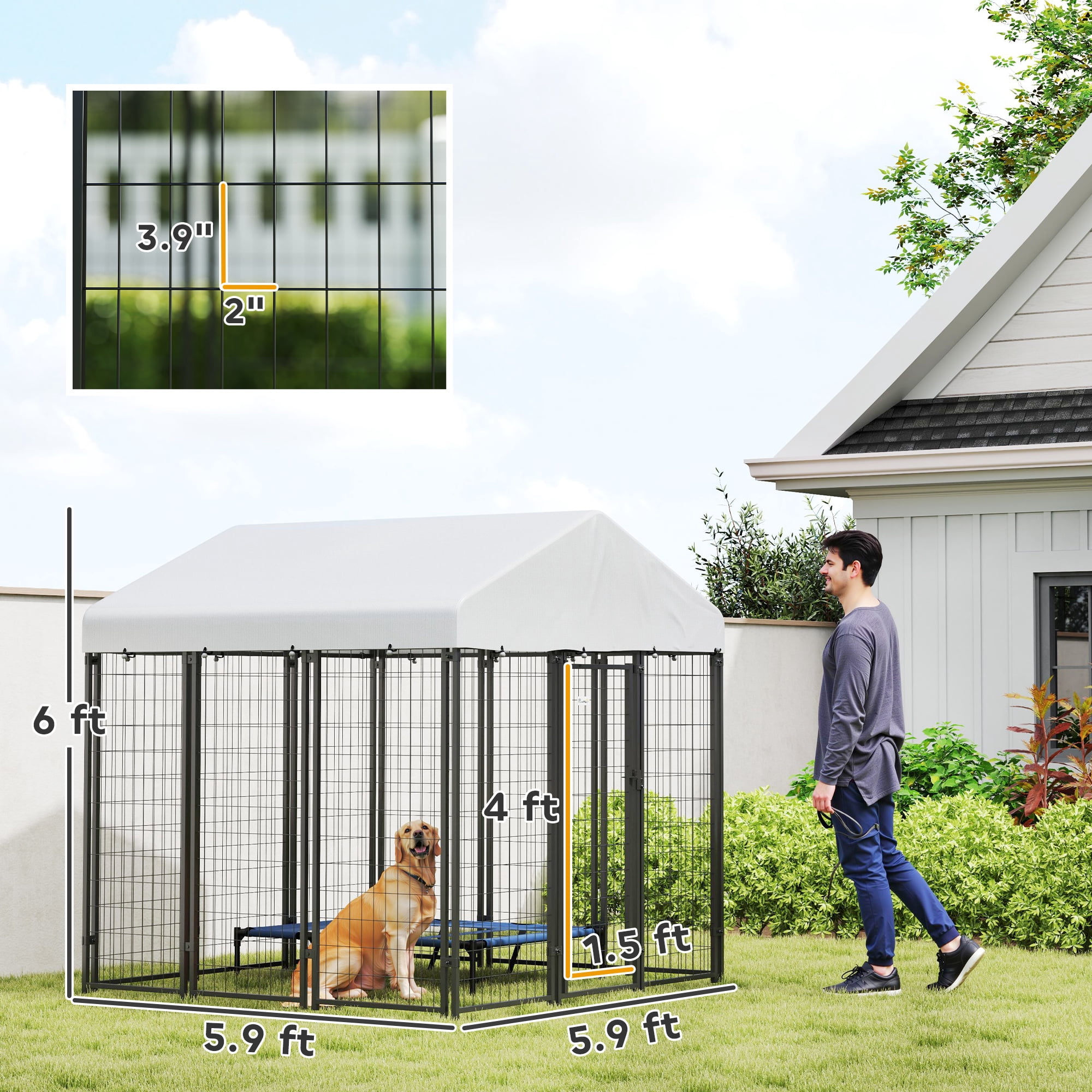 PawHut Outdoor Dog Kennel with Roof, Welded Wire Dog Playpen Enclosure with Escape-proof Lock, UV-Resistant & Waterproof Cover, 6' x 6' x 6', Silver