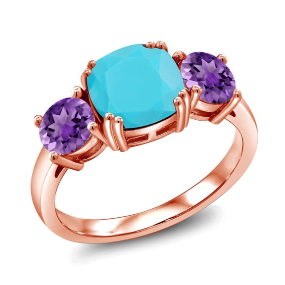 Gem Stone King 18K Rose Gold Plated Silver Green Turquoise and Purple Amethyst 3 Stone Engagement Ring for Women (2.95 Cttw, Gemstone, Cushion 8MM, Size 6)