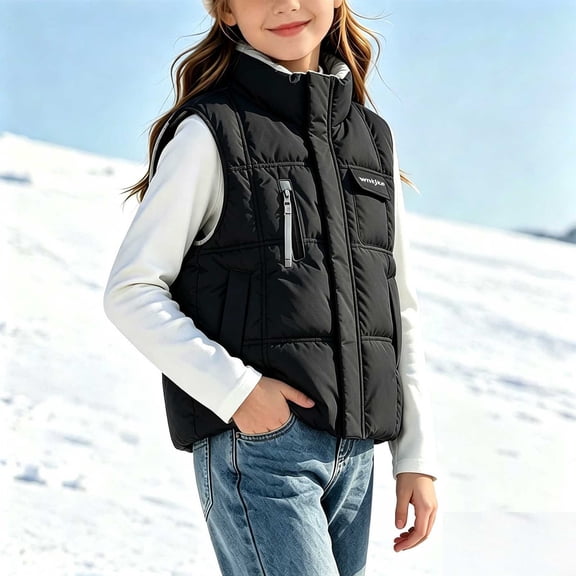 Teen Girls Sleeveless Puffer Vest Zip Up Stand Collar Winter Warm Outerwear Coat with Chest Zipper Pocket Kids Lightweight Padded Fall Casual Gilet Jacket, Size 14-15