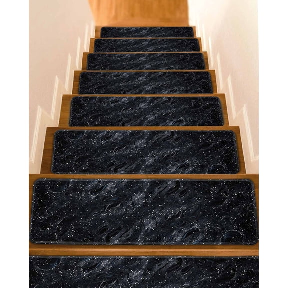 Black Marble Non-Slip Stair Treads for Wooden Steps, 10 Pack-8x30in Carpet Stair Mats with Adhesive Backing, Noise-Reducing Step Covers for Indoor Stairs, Easy to Install & Residue-Free
