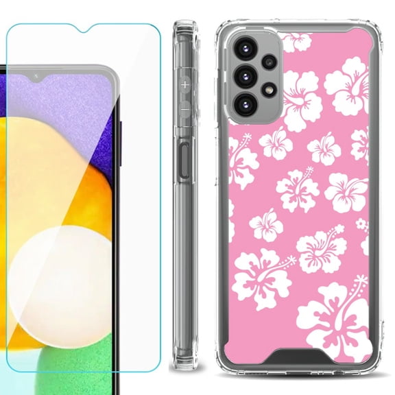 Shockproof Bumper Phone Case for Samsung Galaxy A23 5G, with Tempered Glass Screen Protector, by OneToughShield ® - Hibiscus Pink