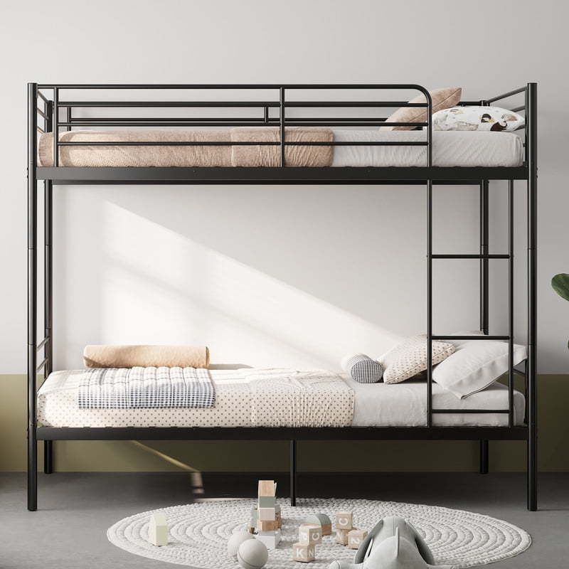 Twin Over Twin Metal Bunk Bed with Ladder, High Guardrails, Under-bed Storage, Noise-Free Design, Convertible to 2 Twin Beds