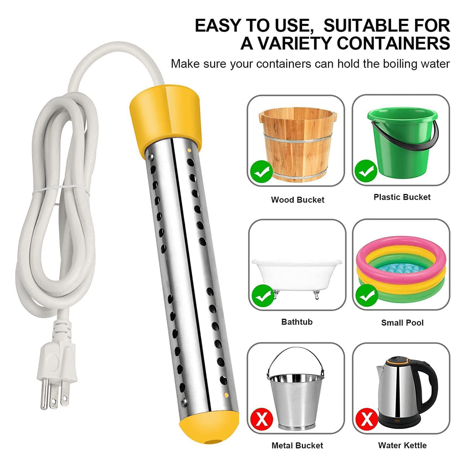 Soapow 2000W Protable Immersion Water Heater with 304 Stainless Steel Protection, Intelligent Temperature Control LCD Thermometer, Fast Heats 5 Gallons of Water in Minutes