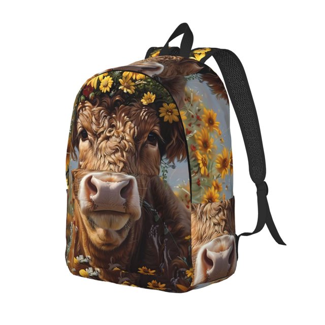 Disketp Cute Cow Sunflower Crown A Mochila de Lona Estampada, Mochila Escolar de Viaje Ligera para Estudiantes y Portátil-Small