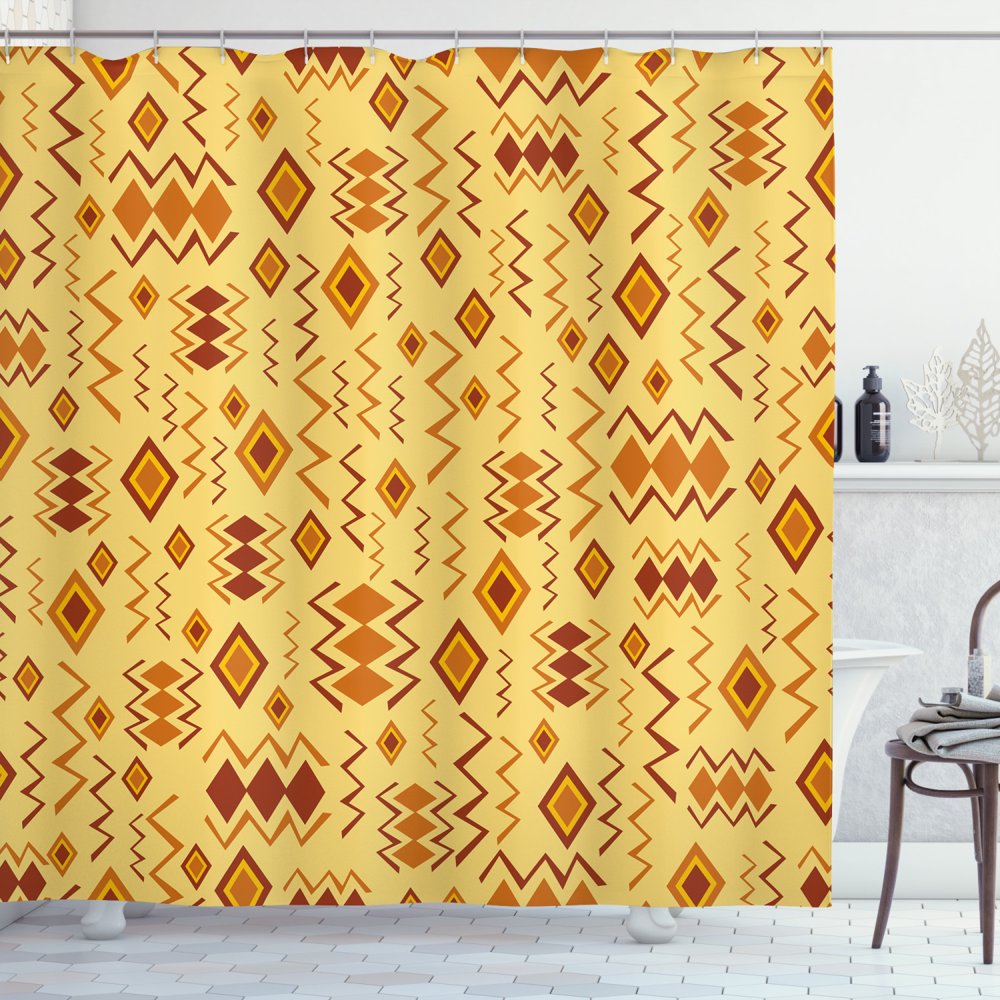 Tribal Shower Curtain, African Art with Ethnic Quirky Forms Abstract Cultural Icons Primitive