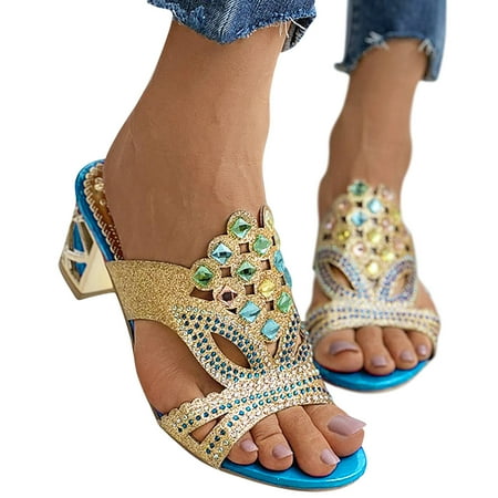 

iOPQO Women s sandals Women Slipper Sandals Chunky Heel Sparkling Rhinestones Wedding Shoes Open Toe Prom Chunky Heel Sandals Slippers Sandals Thick Heel Sky Blue 38