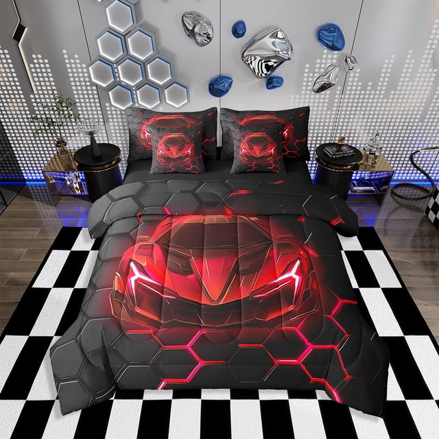Erosebridal 7 Piece Bed in a Bag Twin Size Comforter Set for Kids Race Car Bedding Set,Neon Honeycomb Reversible Bed Set,Racing Car Comforter with Sheet Set,All Season