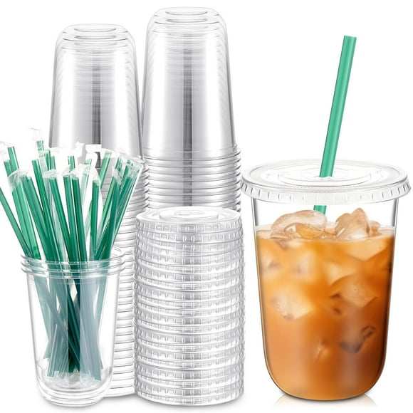 Juego de 25 vasos de plástico Baderke con tapas y pajitas, 470 ml, para café