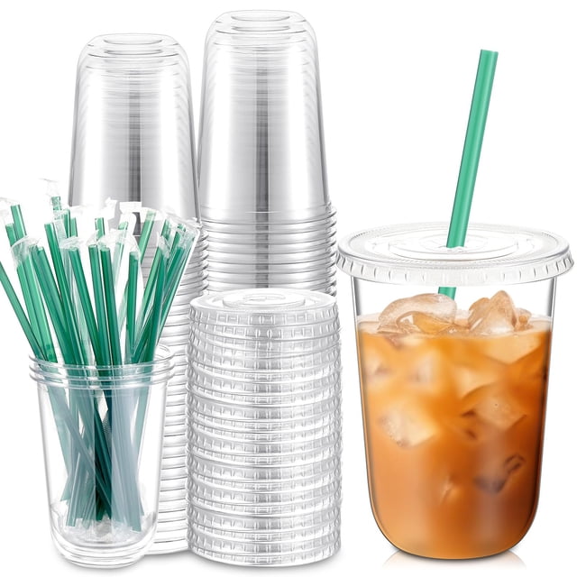 Juego de 25 vasos de plástico Baderke con tapas y pajitas, 470 ml, para café