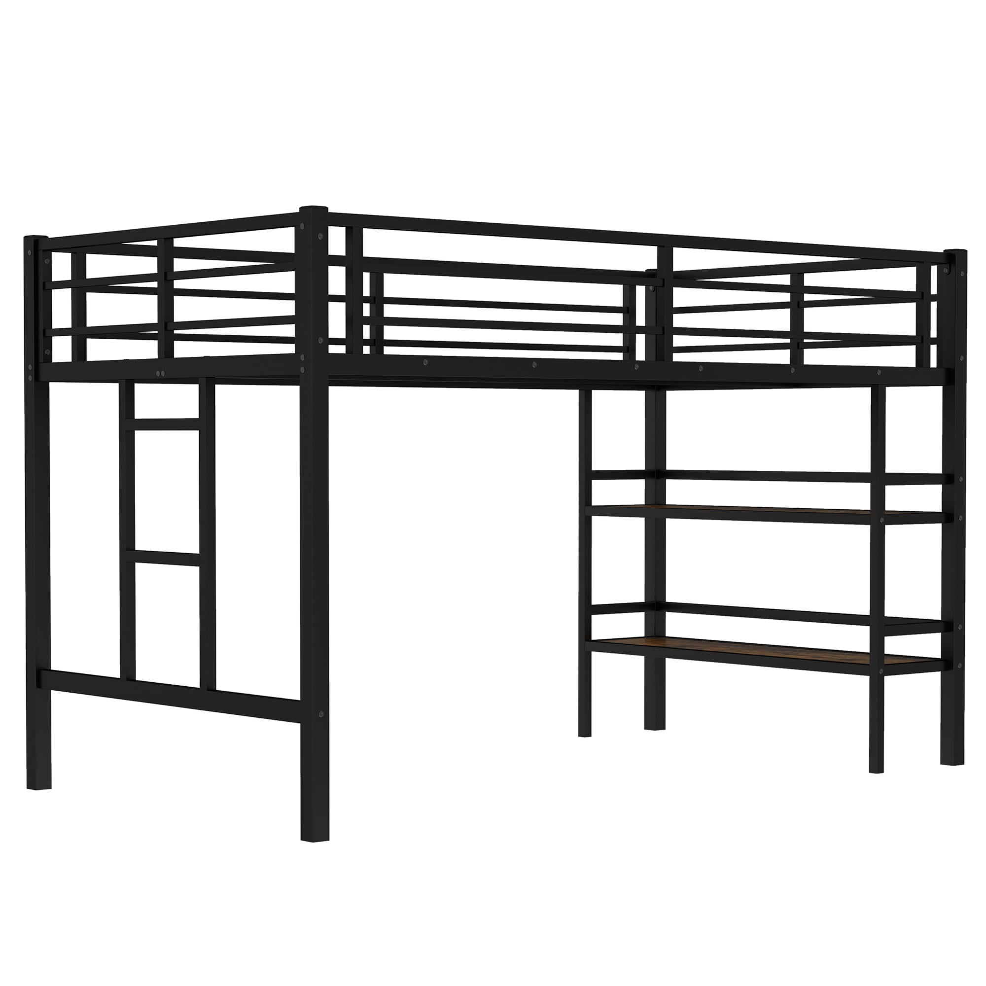 Miniyam Twin Metal Loft Bed with Ladder and Shelves and Guard Rails for Kids and Teens, Black