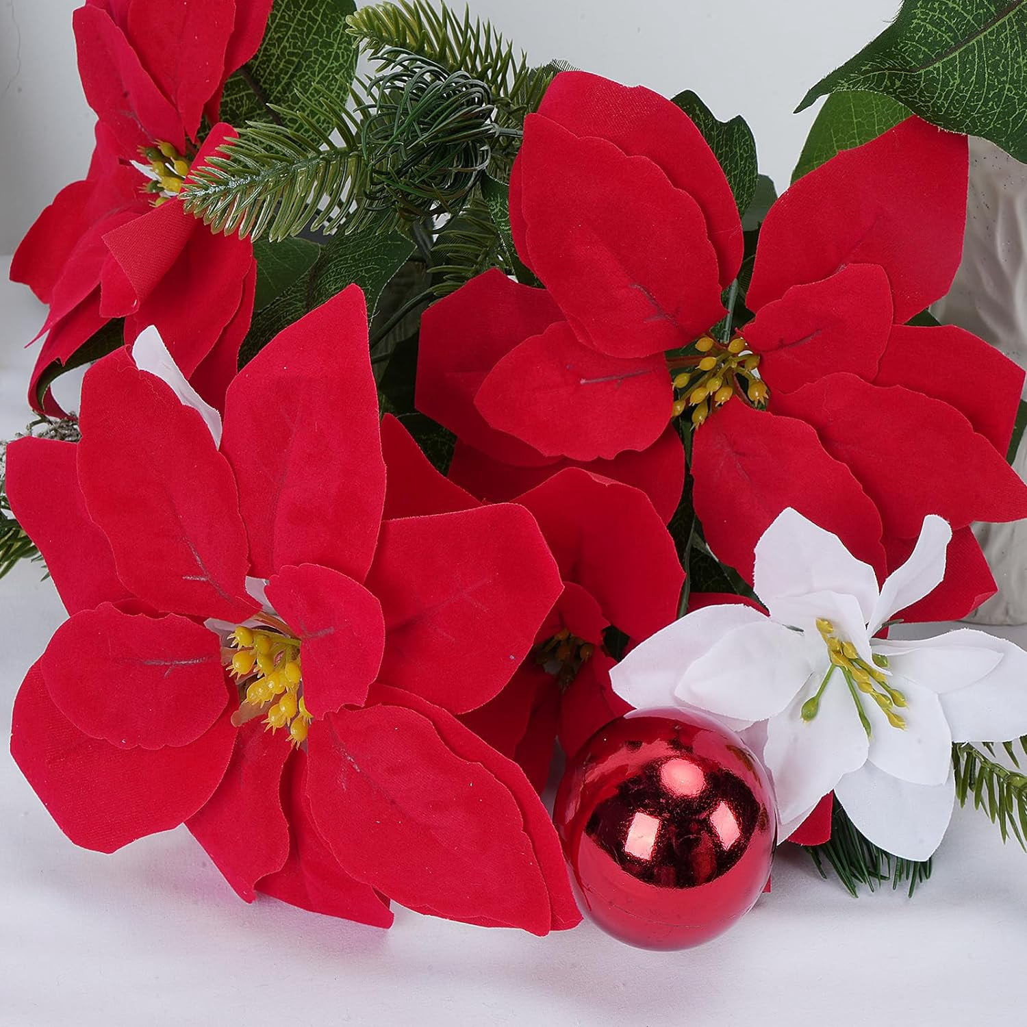 Christmas Artificial Flowers Poinsettia Bouquet Mixed Christmas Bush Winter Flowers Arrangment for Home Kitchen Decor Holiday Cemetery 9in