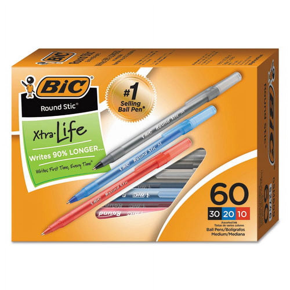 BIC Round Stic Xtra Precision Ballpoint Pen Pack, Medium 1 mm, Assorted Ink Barrel Colors, 60/Bundle of 5 Packs