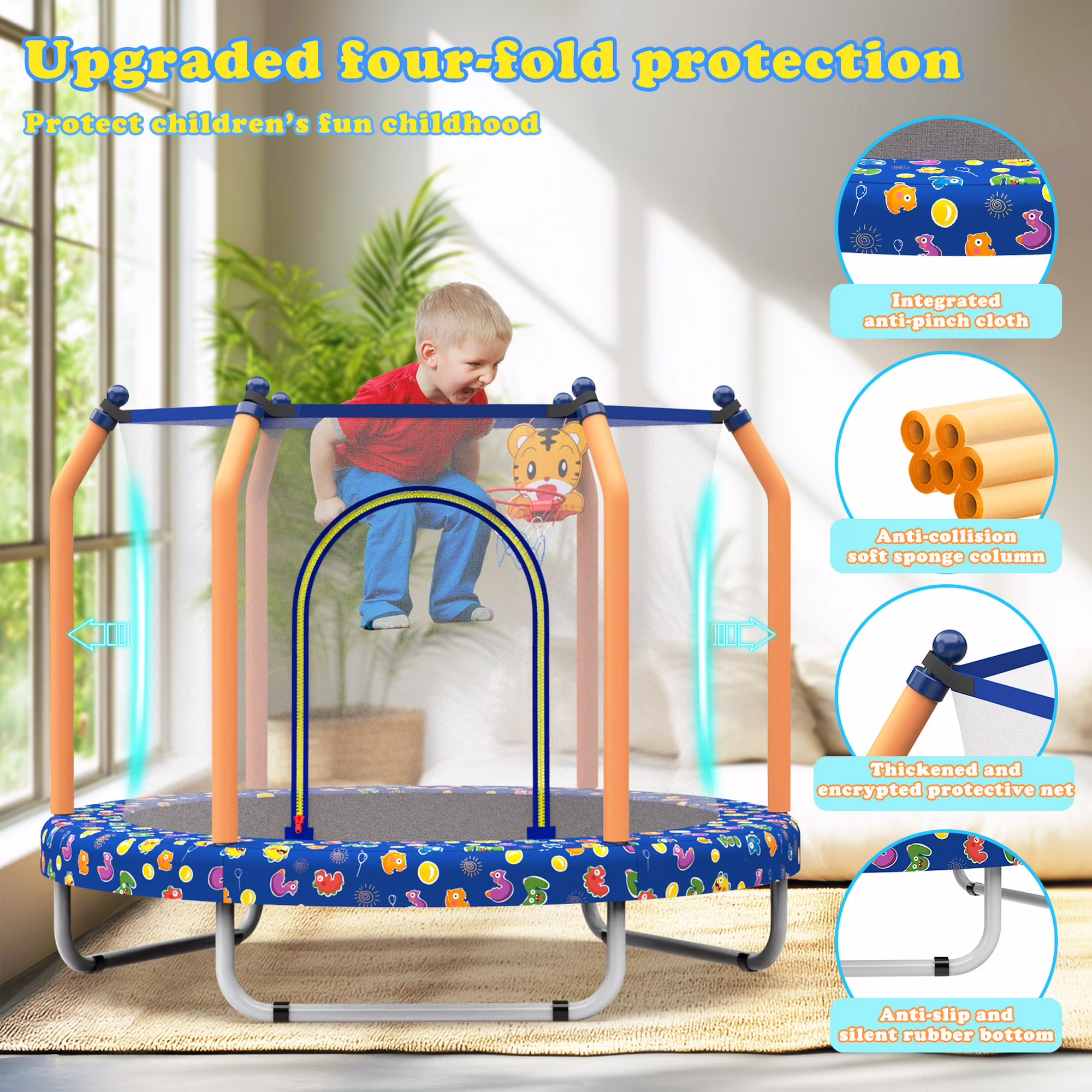 thumbnail image 3 of Toddler Trampoline with Net for Kids, SEGMART 55" Kids Trampoline with Enclosure, Small Trampolines for Kids with Jumping Mat, Indoor Mini Trampolines with Pading for Kids Toddlers, Birthday Gift, 3 of 6