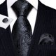 thumbnail image 3 of Conjunto de Corbata Barry.Wang Negro con Gemelos Tejidos de Seda y Pañuelo de Bolsillo, 3 of 7