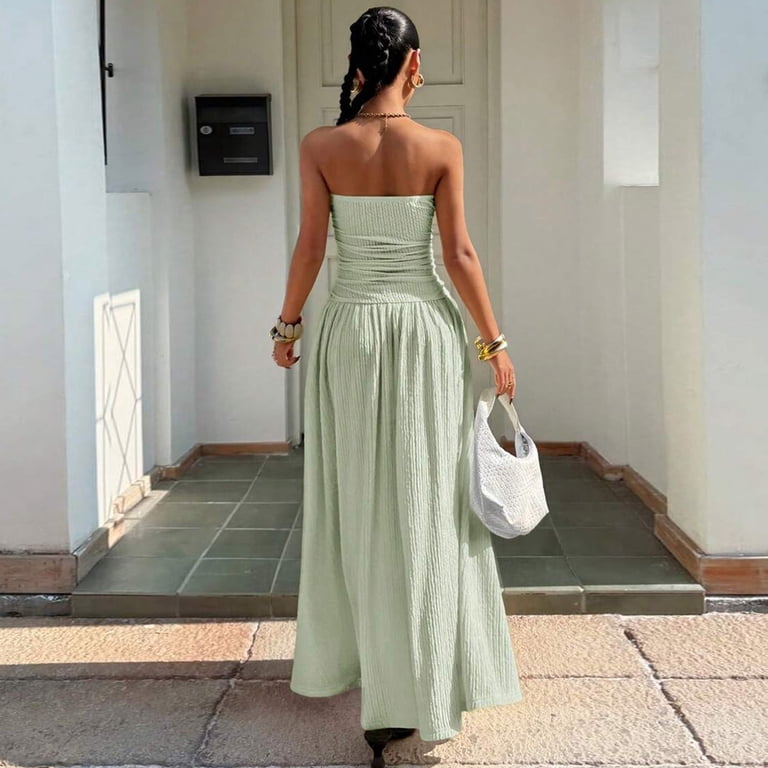 CIENVNSTG Wedding Guest Dresses For Women Strapless Tube Textured Maxi Dress Ruched Waist Sleeveless Slim Fit Elegant Party Long Dress Green S