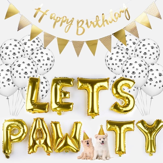 Suministros para fiestas de cumpleaños para perros, globos con estampado de patas de perro, sombrero de cumpleaños para gatos, pancarta de feliz cumpleaños, globos de aluminio, dec