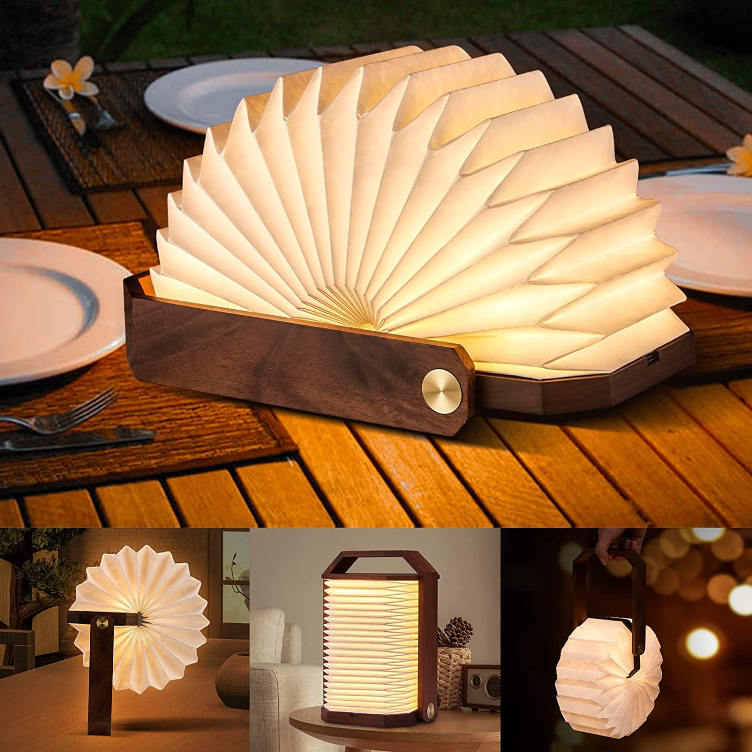 Wooden Folding Book Shaped Light USB Rechargeable Warm White LED Light US 