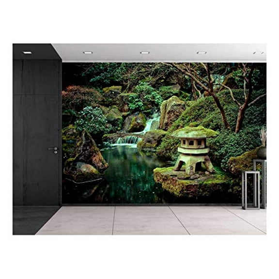 wall26 - Little Shrine Sitting on a Rock on a Lake with a Waterfall - Wall Mural, Removable Sticker, Home Decor - 100x144 inches