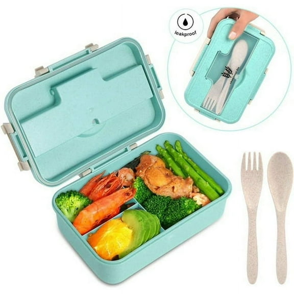 Bento Box For Adults Lunch Box With 3 Compartment,Wheat Fiber Leak Proof Food Container With Spoon & Fork,1200ML Lunch Boxes Containers For Men Women (Green)