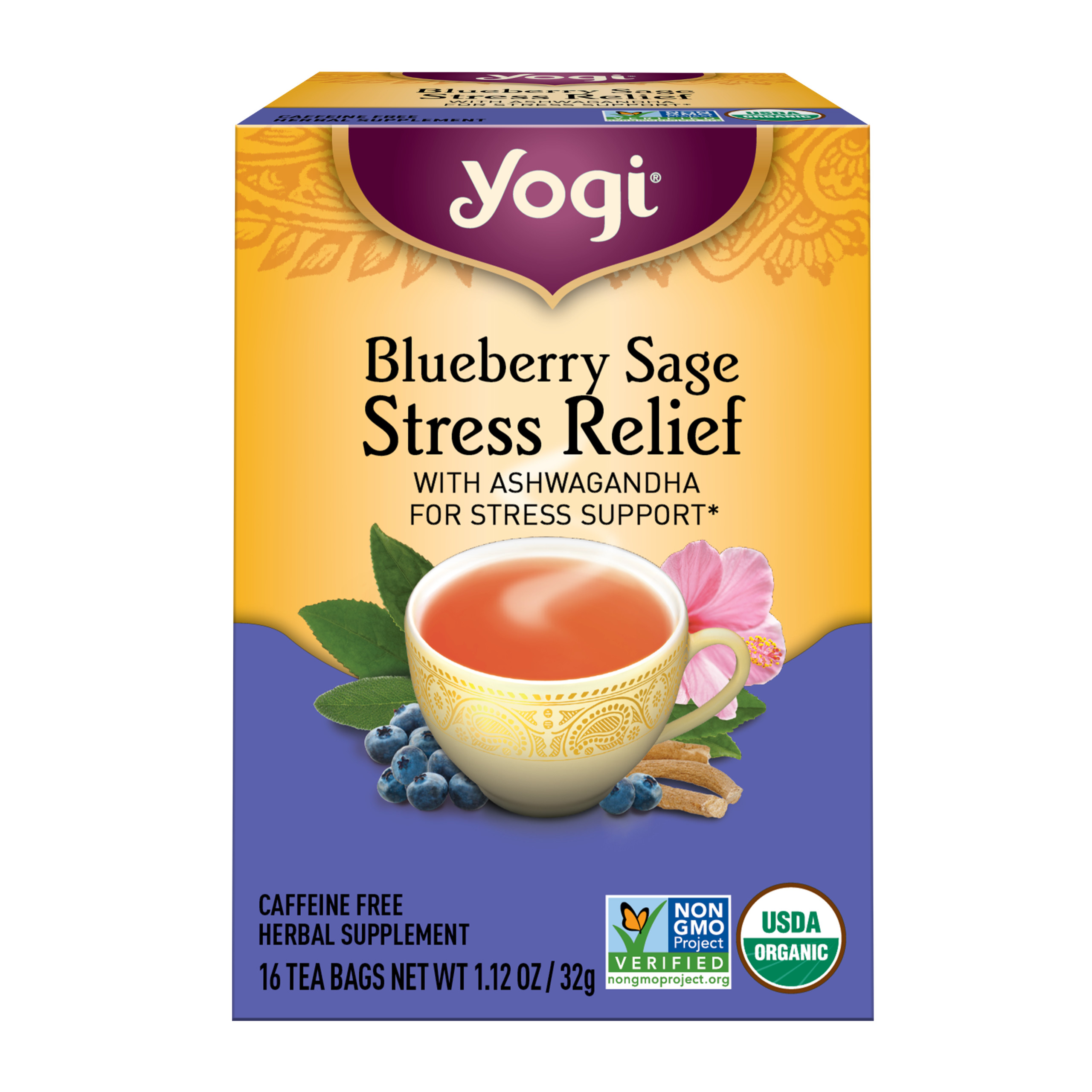 Yogi Blueberry Sage Stress Relief, Organic Herbal Wellness Tea Bags, 16 Count
