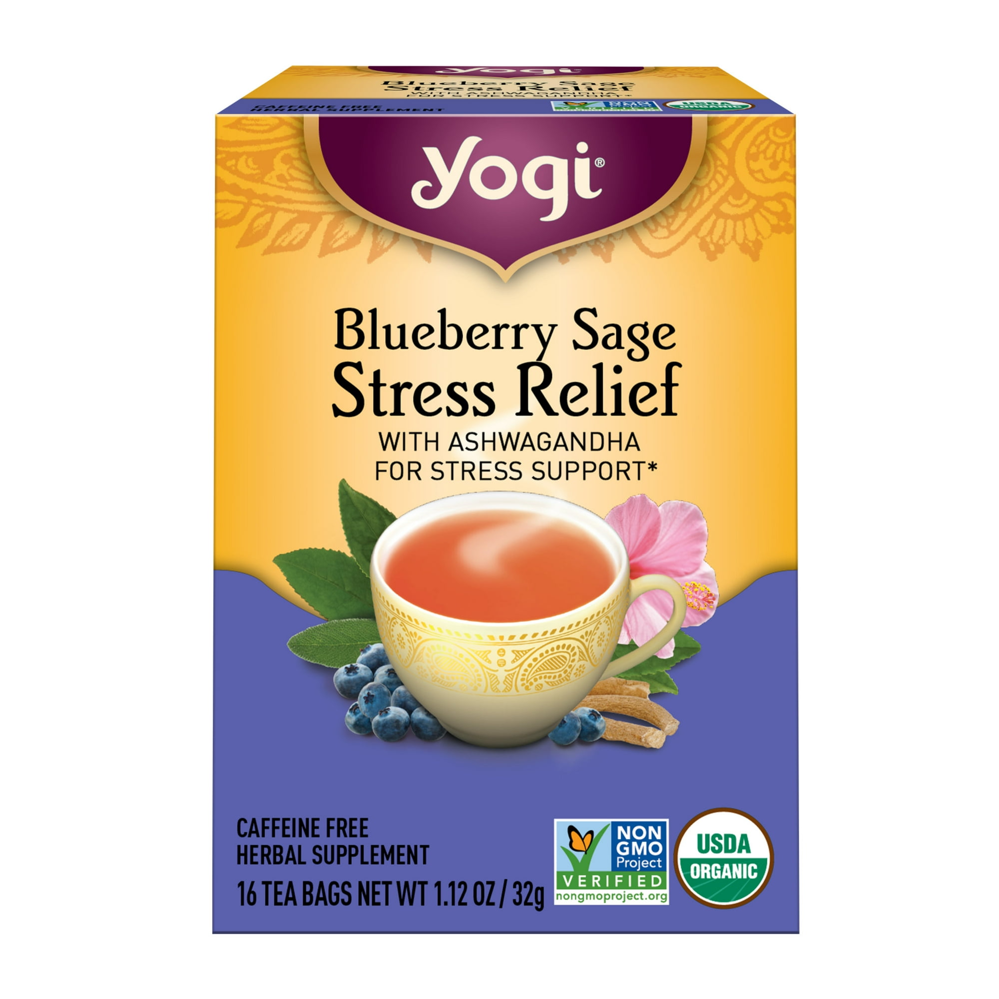 Yogi Blueberry Sage Stress Relief, Organic Herbal Wellness Tea Bags, 16 Count