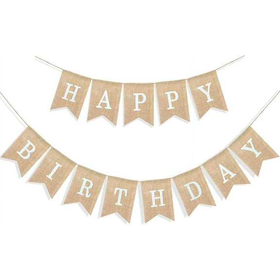 Happy Birthday Burlap Banner Neutral Happy Birthday Party Decorations Boho Rustic Bunting Sign Swallowtail Flags, 2 in 1