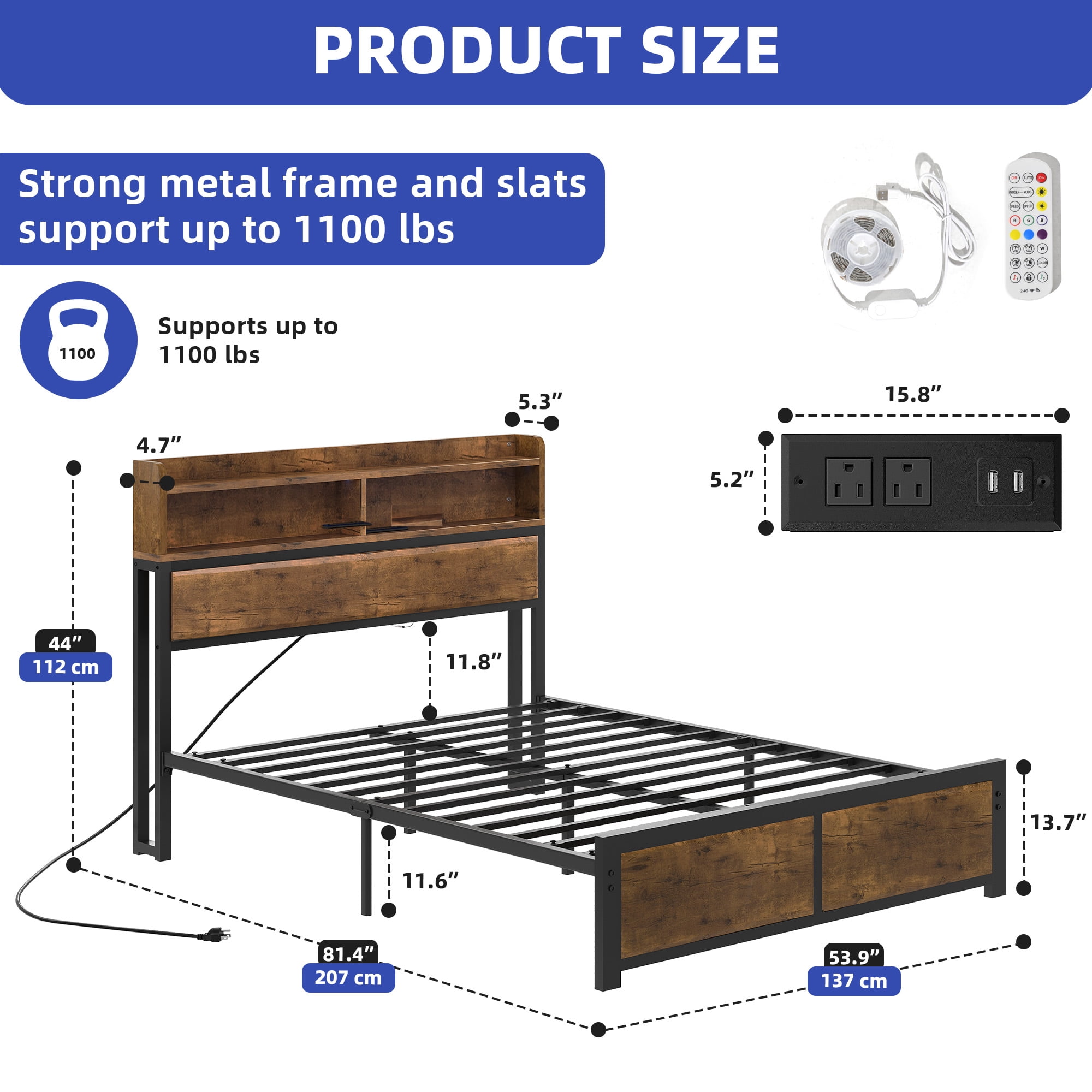 Uforic Full Size Bed Frame, LED Bed Frame with Storage Headboard, Platform Bed with Outlet & USB Ports, Easy Assembly, Rustic Brown