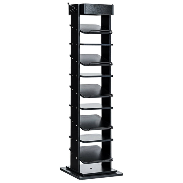 Gymax Rotated Shoe Rack 9 Tier Wooden Shoe Organizer w/Hooks & Anti-drop Railing Black