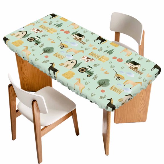 Cartoon Farmhouse Table Cloths for 3 Foot Rectangle Tables, Cute Watercolor Cabin Animals Trees Green Patio Waterproof Elastic Fitted Tablecloths, Washable Rectangular Table Cover for Camping