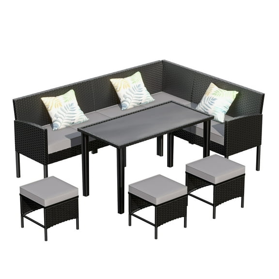 Small Space 7-Pc Outdoor Furniture Set with Waterproof Cushions & Glass Table